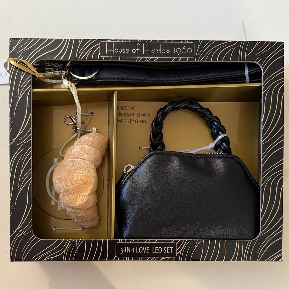 House of Harlow 1960 Black Nano Bag with Croissant Charm and Paris Keychain